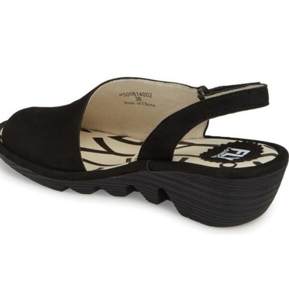 Fly London Palp Leather Wedge Sandals Peep Toe Logo Slingback, Black - Picture 11 of 13